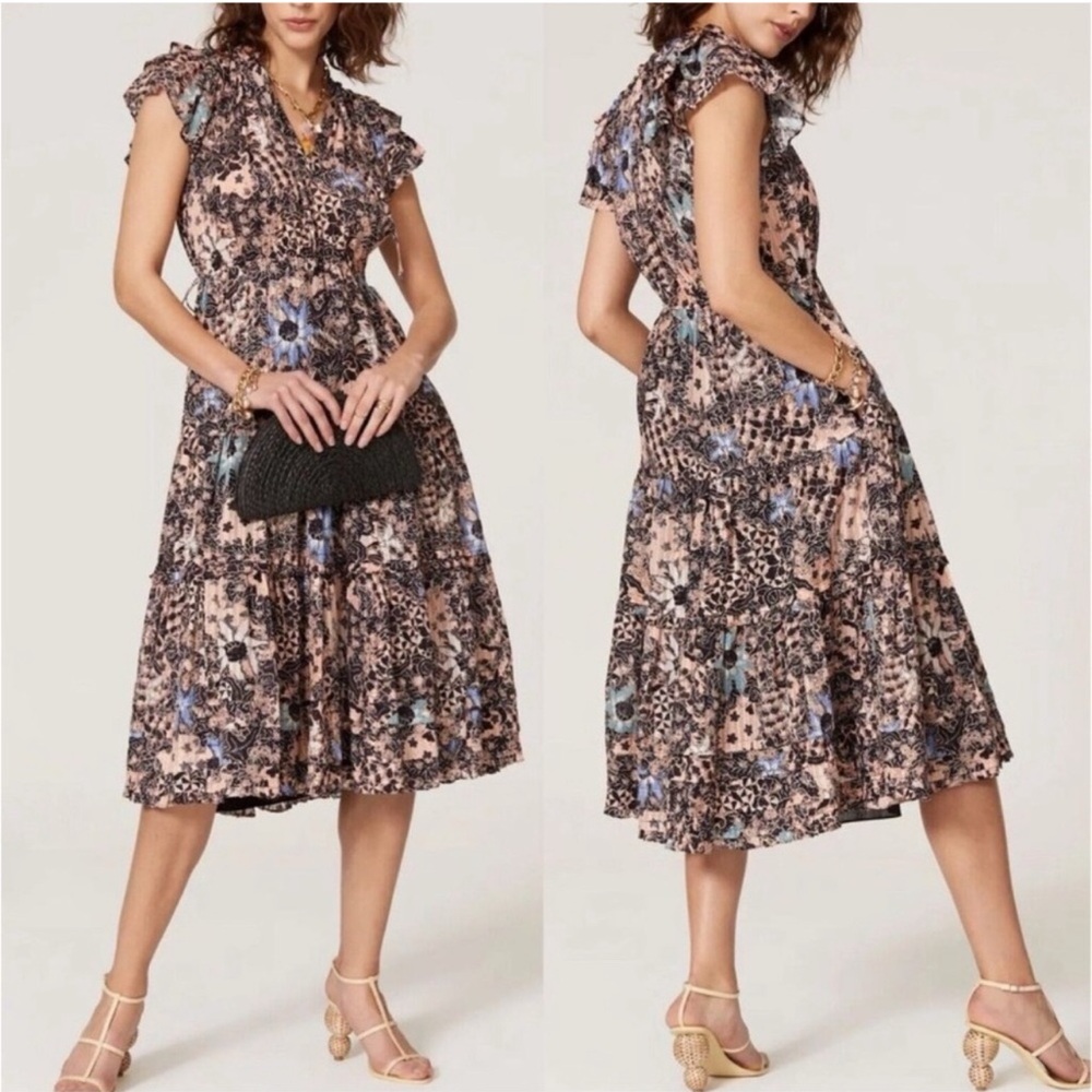 Ulla Johnson Blush Pink and Blue Floral Tiered Midi Dress